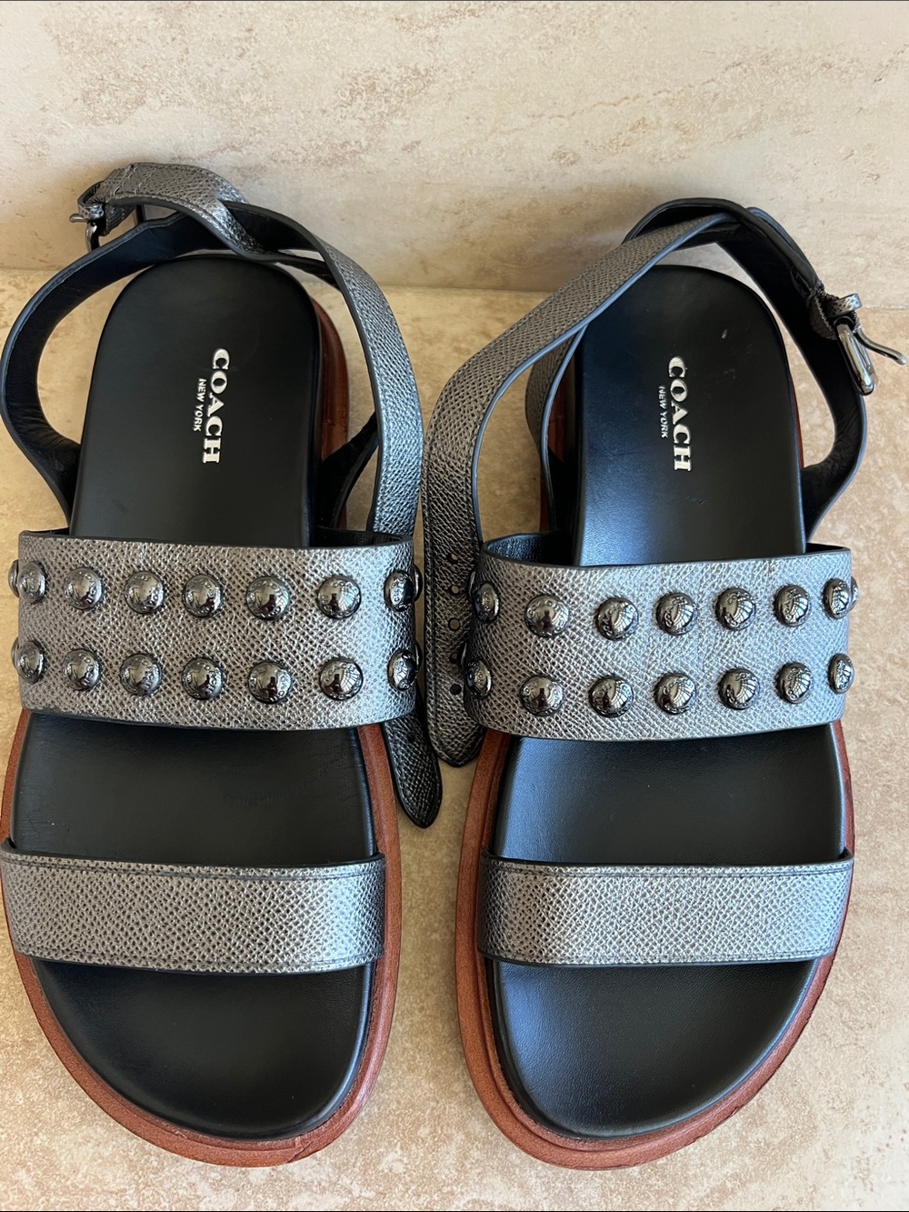 Coach Silver Studded Leather Sandals with Black Footbed